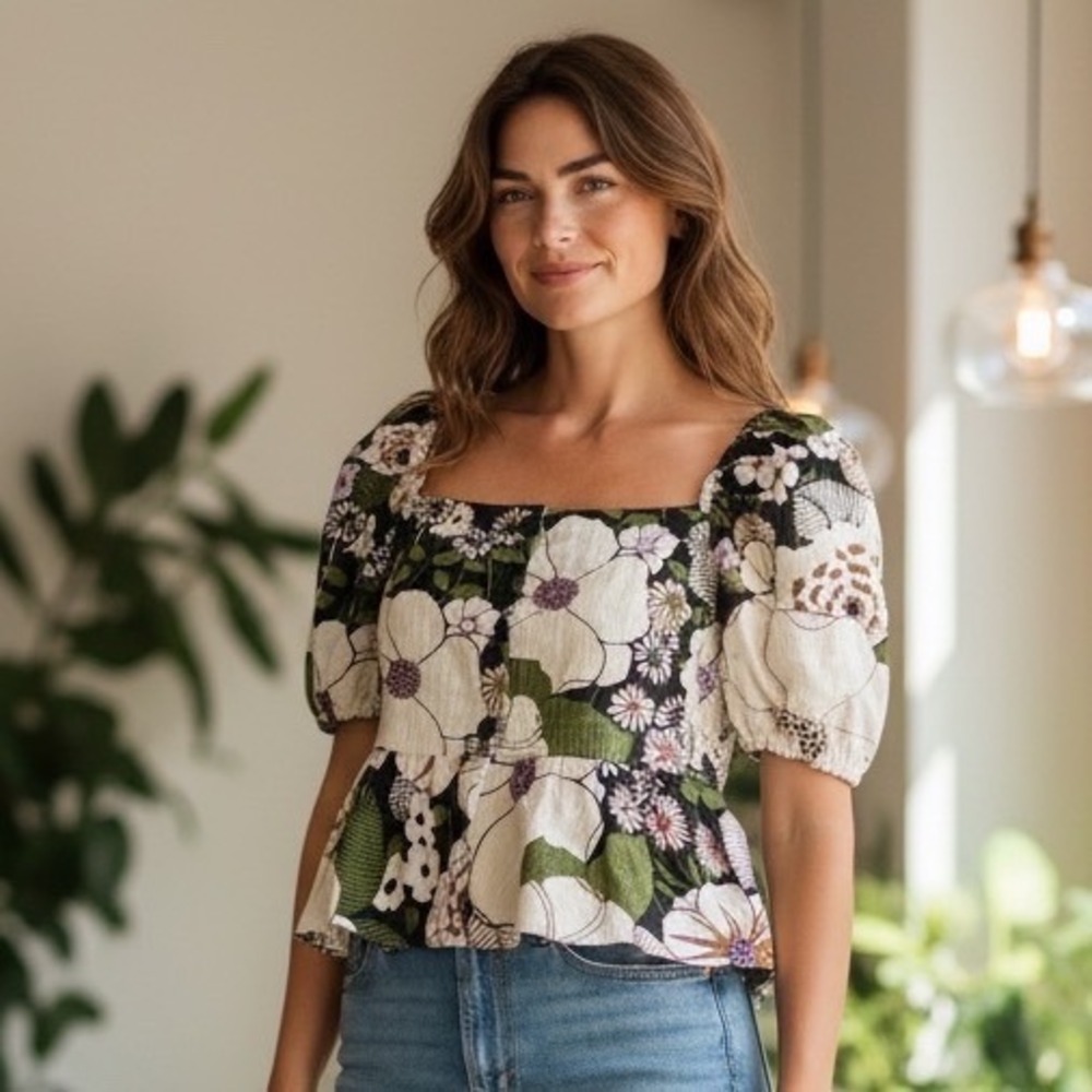 Maje Fleur 70s Noir Floral Peplum Puff Sleeve Cotton Top Feminine Large Size 3